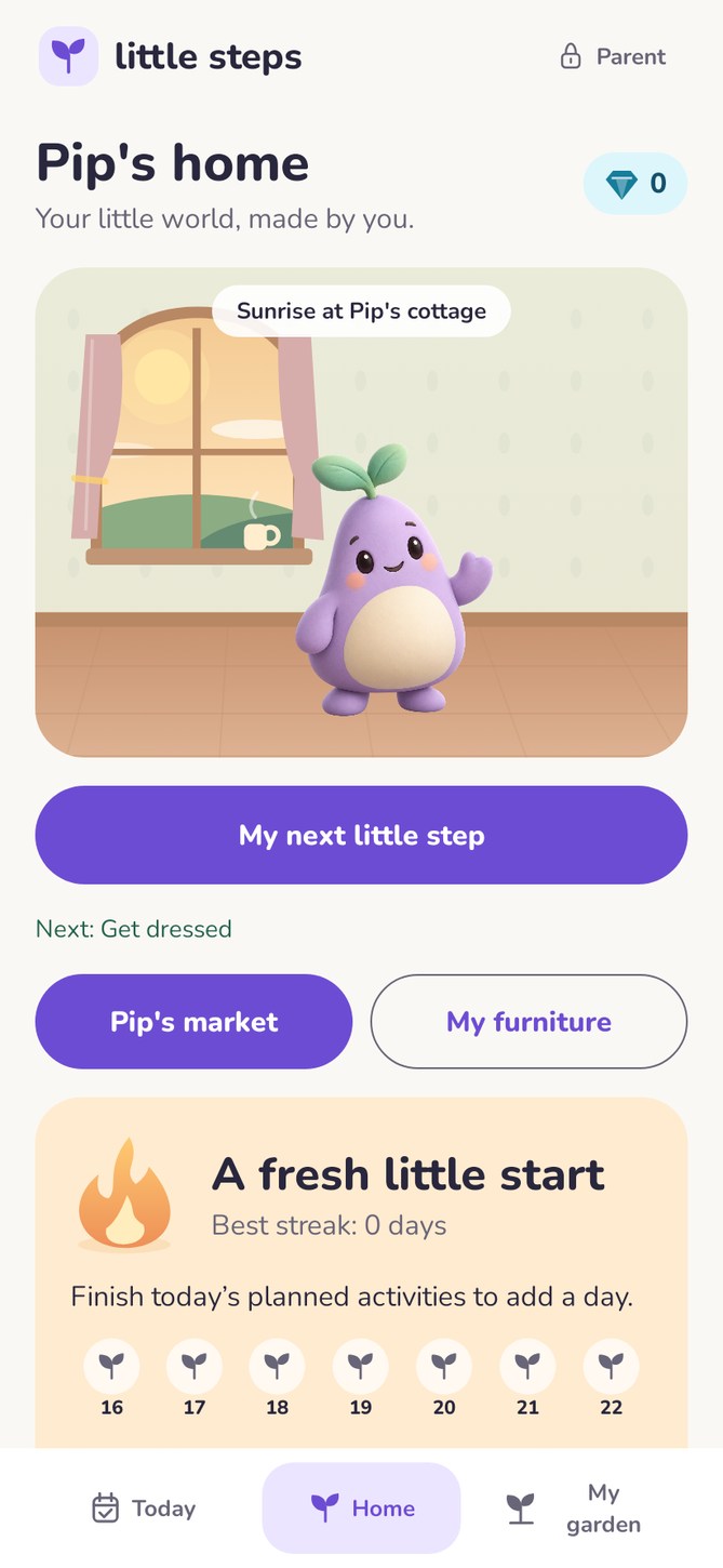 Little Steps Home, with an unfurnished room and one next-task action